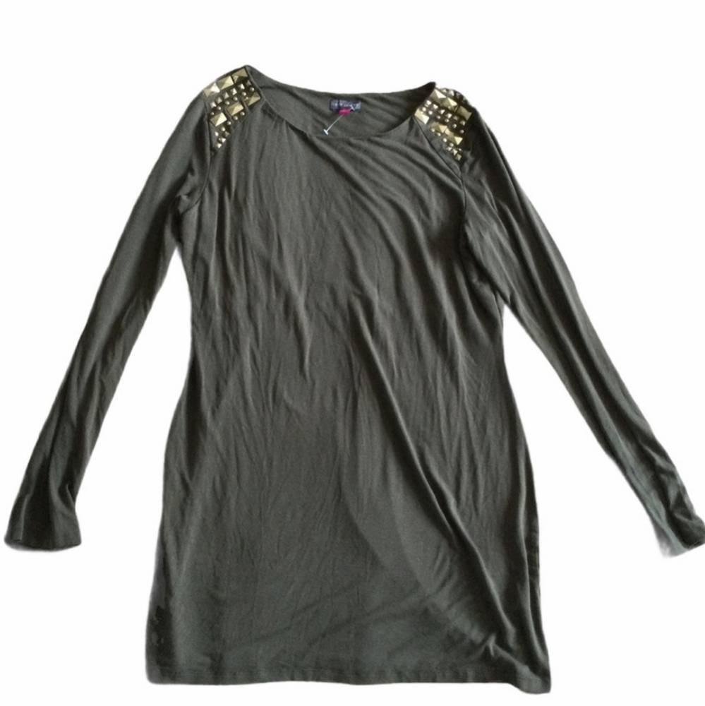 Vince Camuto embellished rayon olive green long sleeve tunic / mini dress